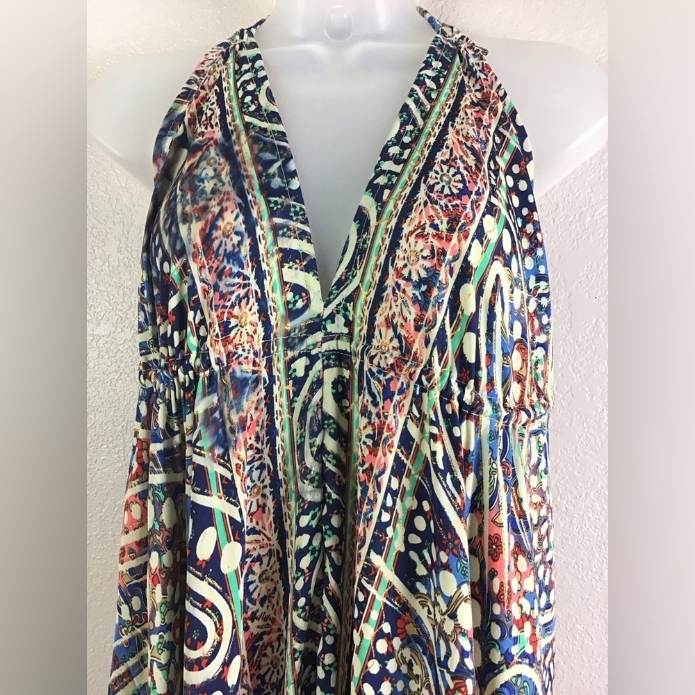 Bigg Bull Silk Boho Backless Halter Maxi Dress Green Blue Gold Metallic - Picture 9 of 13